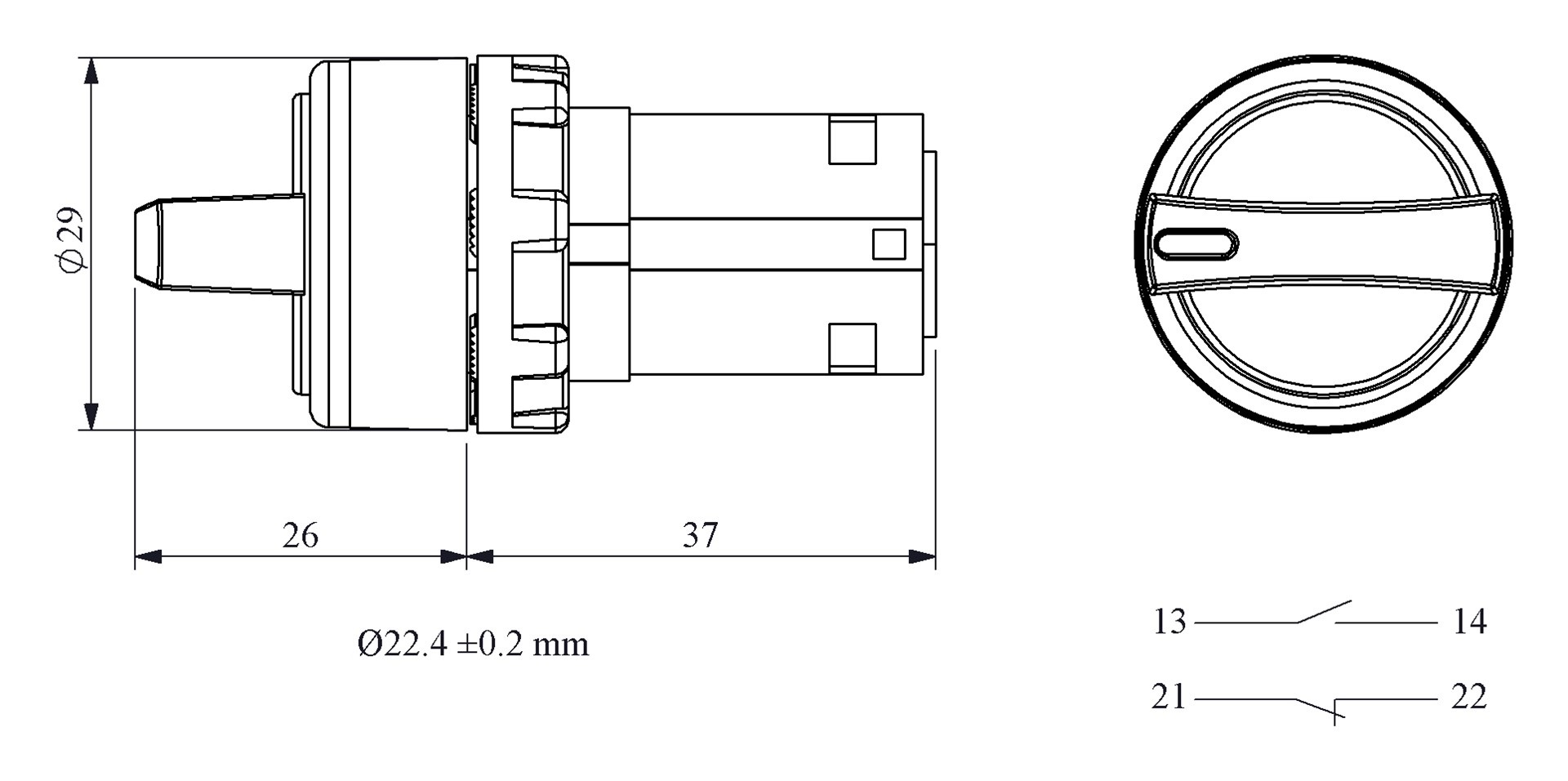 B-S20-IP50-(BA-B1-B2) Переключатель пластиковый на 2 положения (0-1) 60° с фиксацией 1НО+1НЗ