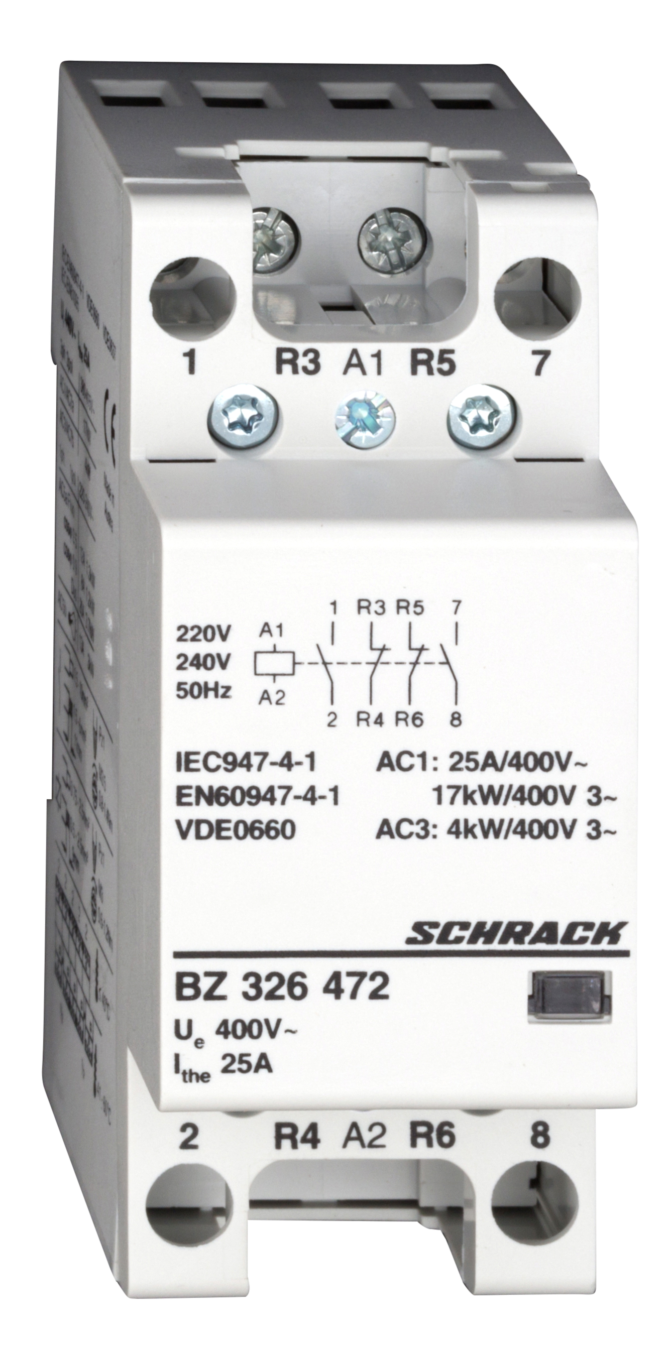 BZ Модульный контактор DIN 25A по AC1, 230VAC 2НО+2НЗ контакт, 2модуля