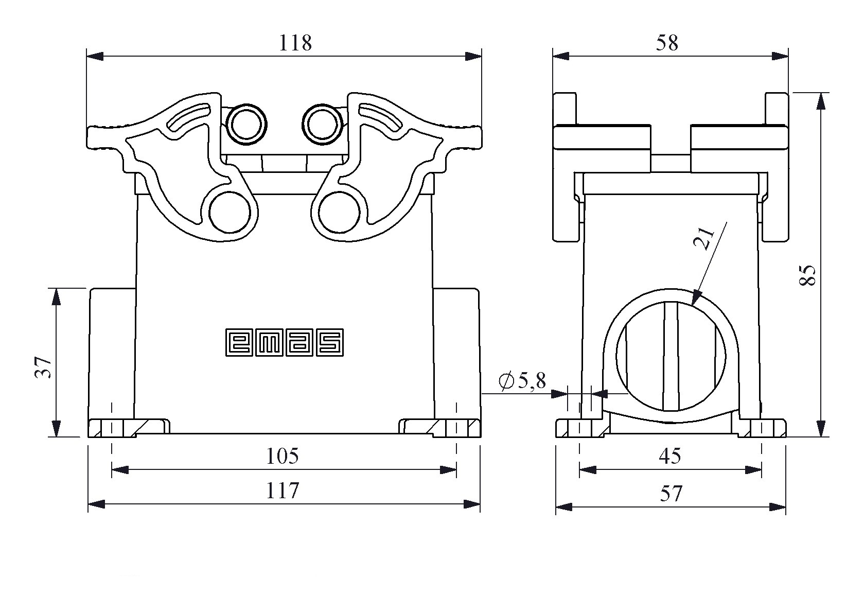 EB-M-606-FD-14-IP65 Вилка, 4-фиксатора, боковой ввод, 6 полюсов, 35A