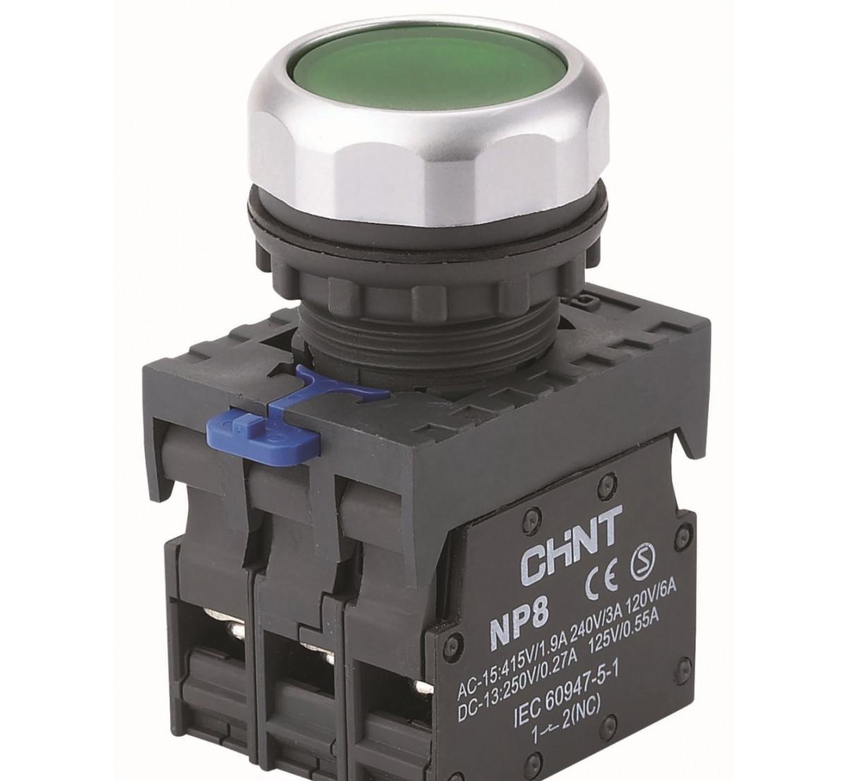 Кнопка управления NP8-11BND/3 с подсветкой, зелёная, 1НО+1НЗ, АС110В-230В(LED) IP65 (R)