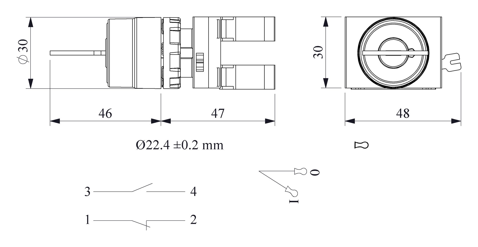 CP-AC20-(CA-C1-C2)-IP65 Кнопка пластиковая с ключом на 2 положения 0-1 с фиксацией,ключ выним. в полож. 0 и 1 (1НО+1НЗ)  (CP)