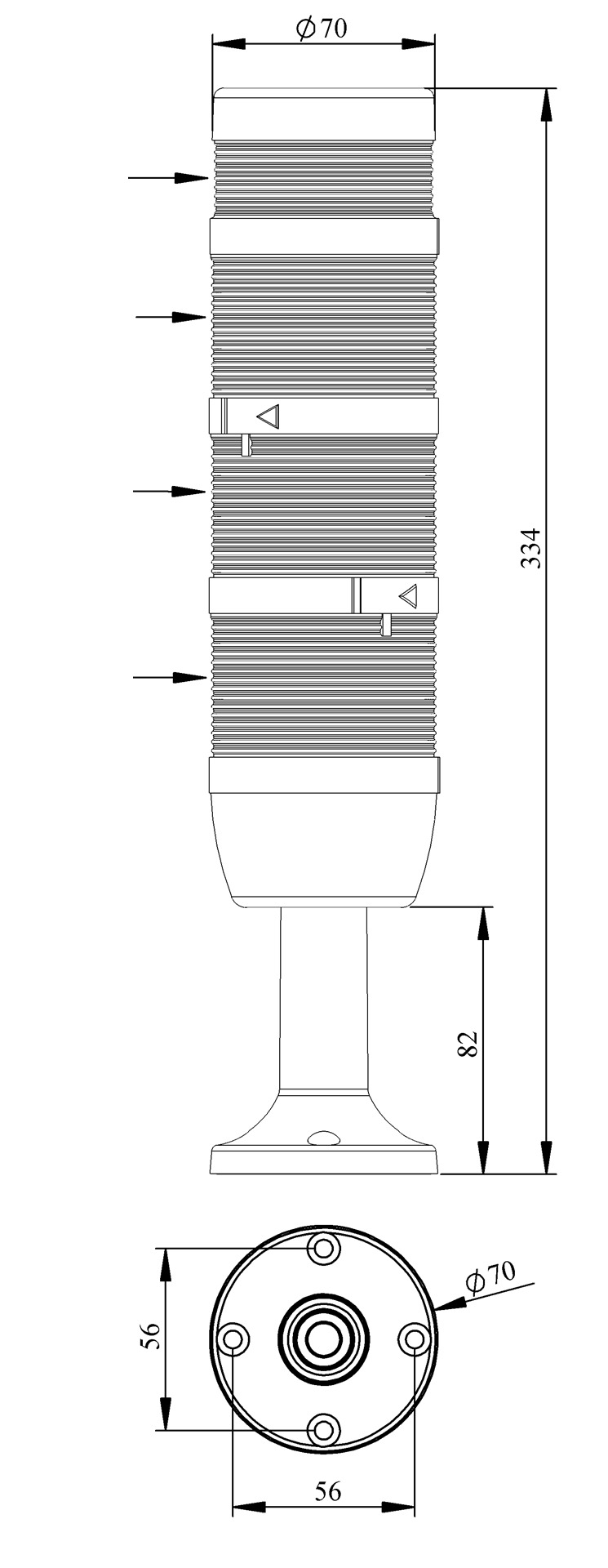 Светосигнальная колонна IK-73-F-024RYG-Z-M01 д=70мм, 3уровня, FLASH стробоскоп, 024V AC/DC, красный, желтый, зеленый, зуммер, 100мм пластиковая база