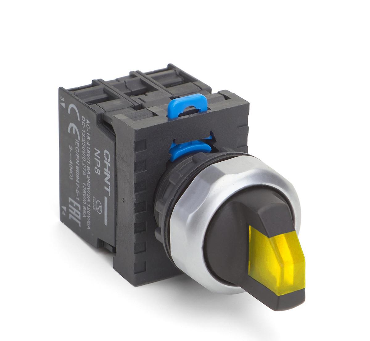 Переключатель с подсв. NP8-11XD/225, 2 полож. с самовозвр., 1НО+1НЗ желт. AC110В-230В(LED) IP65 (R)