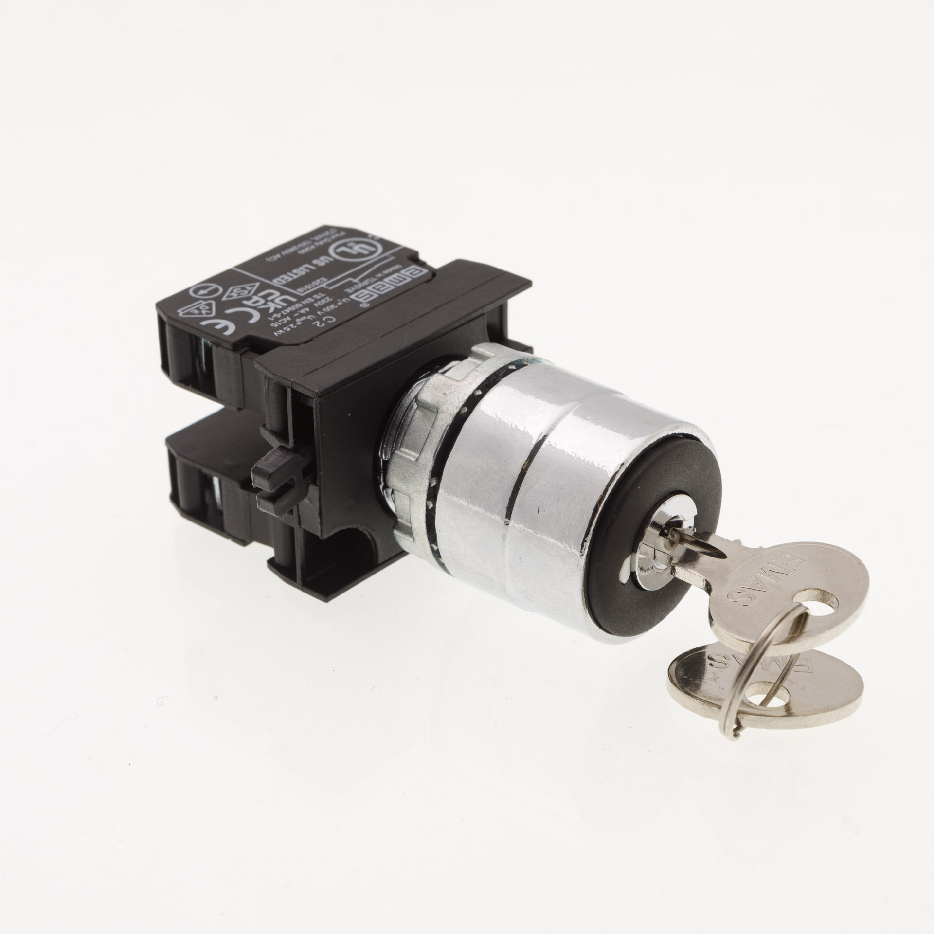 CM-AC30-(CA-C1-C2)-IP65 Переключатель металлический с ключем на 3 положения (2-0-1) 60° с фиксацией (1НО+1НЗ)
