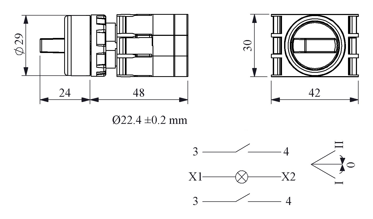 B-SL32-G-IP50-(BA-B1-BY-B1) Переключатель пластиковый на 3 положения (2-0-1) 60° без фиксации 2НО зеленый