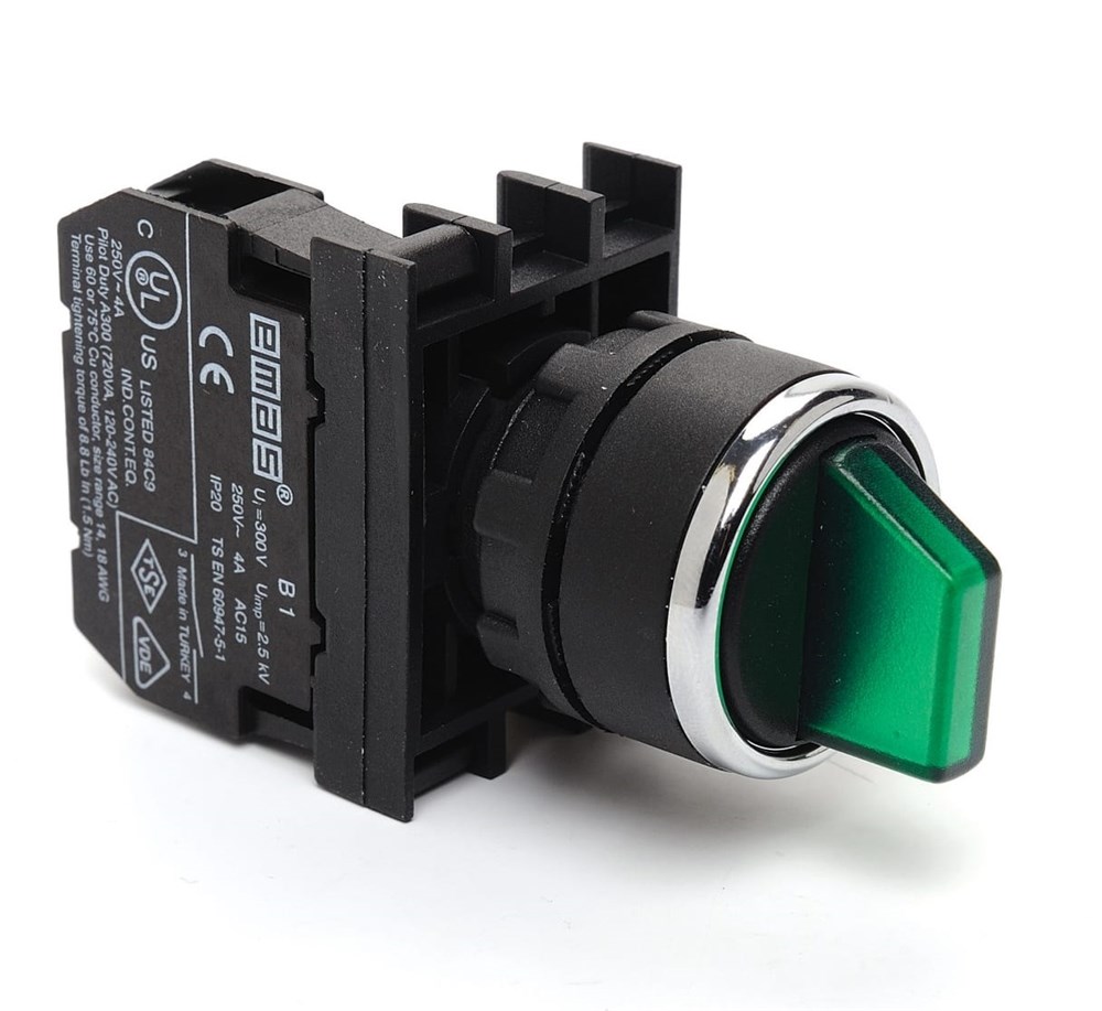 B-SL30-G-IP50-(BA-B1) Переключатель пластиковый на 3 положения (2-0-1) 60° с фиксацией 1НО, зеленый