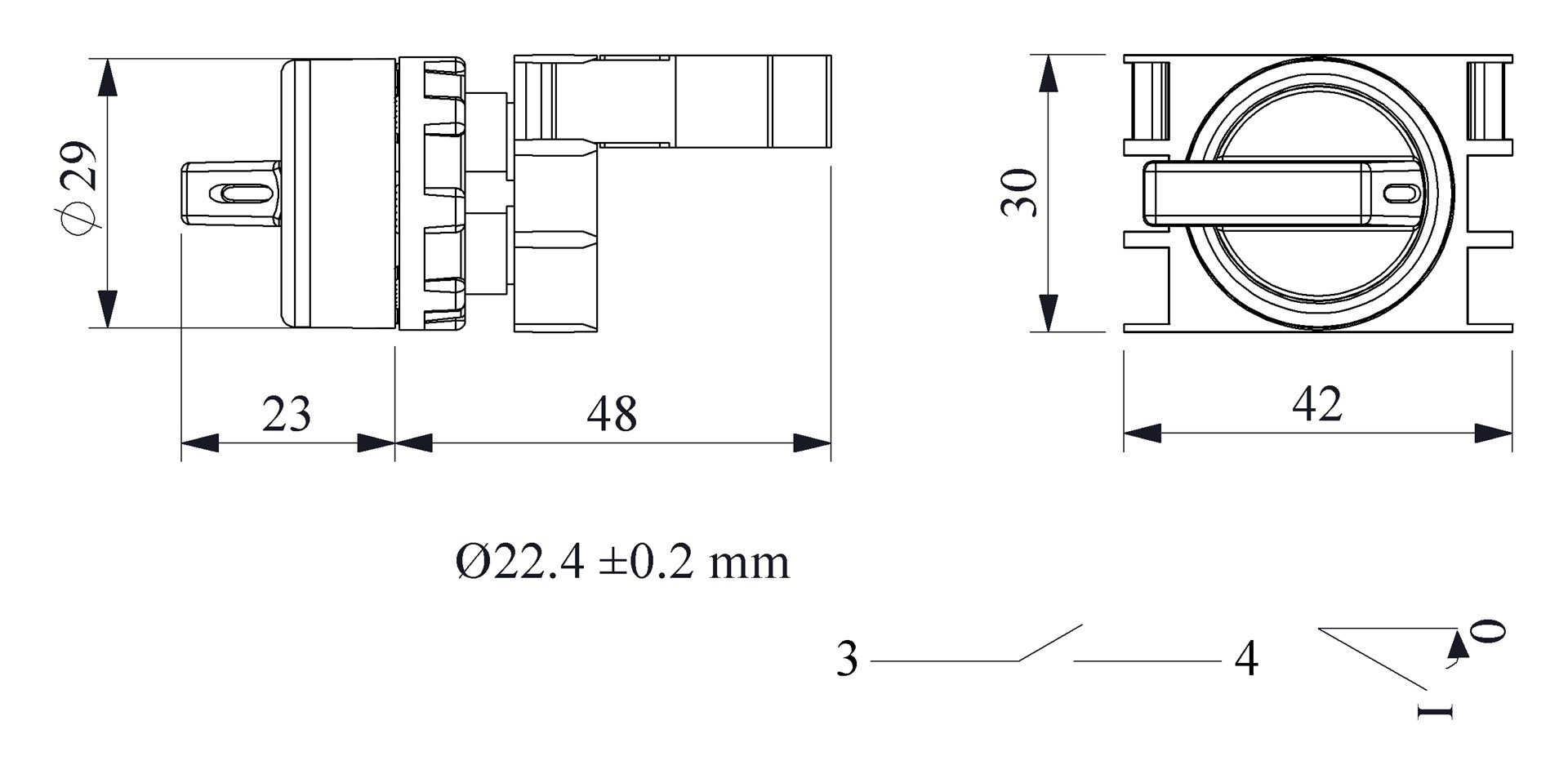 B-S21-IP50-(BA-B1) Переключатель пластиковый на 2 положения (0-1) 60° без фиксации 1НО