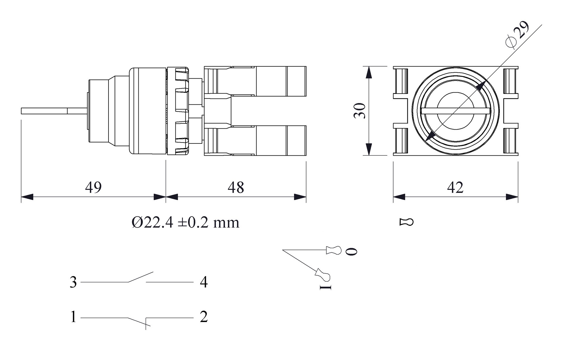 B-AС20-(BA-B1-B2)-IP50 Кнопка с ключом (0-1) с фиксацией (1НО+1НЗ) ключ вынимается в положении 0 и 1