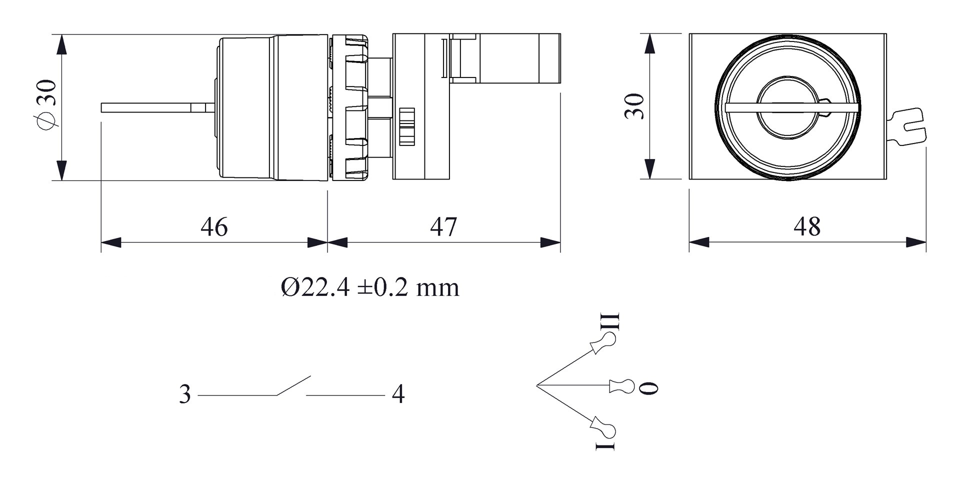 CM-AC30-(CA-C1)-IP65 Переключатель металлический с ключем на 3 положения (2-0-1) 60° с фиксацией, извл.
