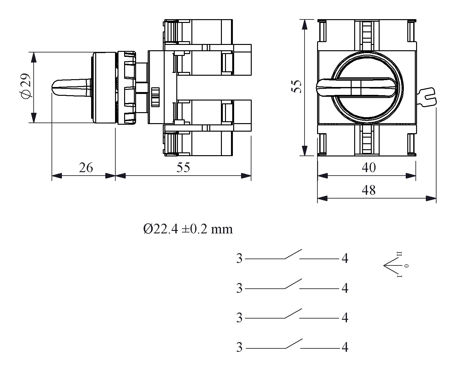 CP-S30-(CA-C1-C1-C1-C1)-IP65 Переключатель пластиковый на 3 положения (2-0-1) 60° с фиксацией 4НО