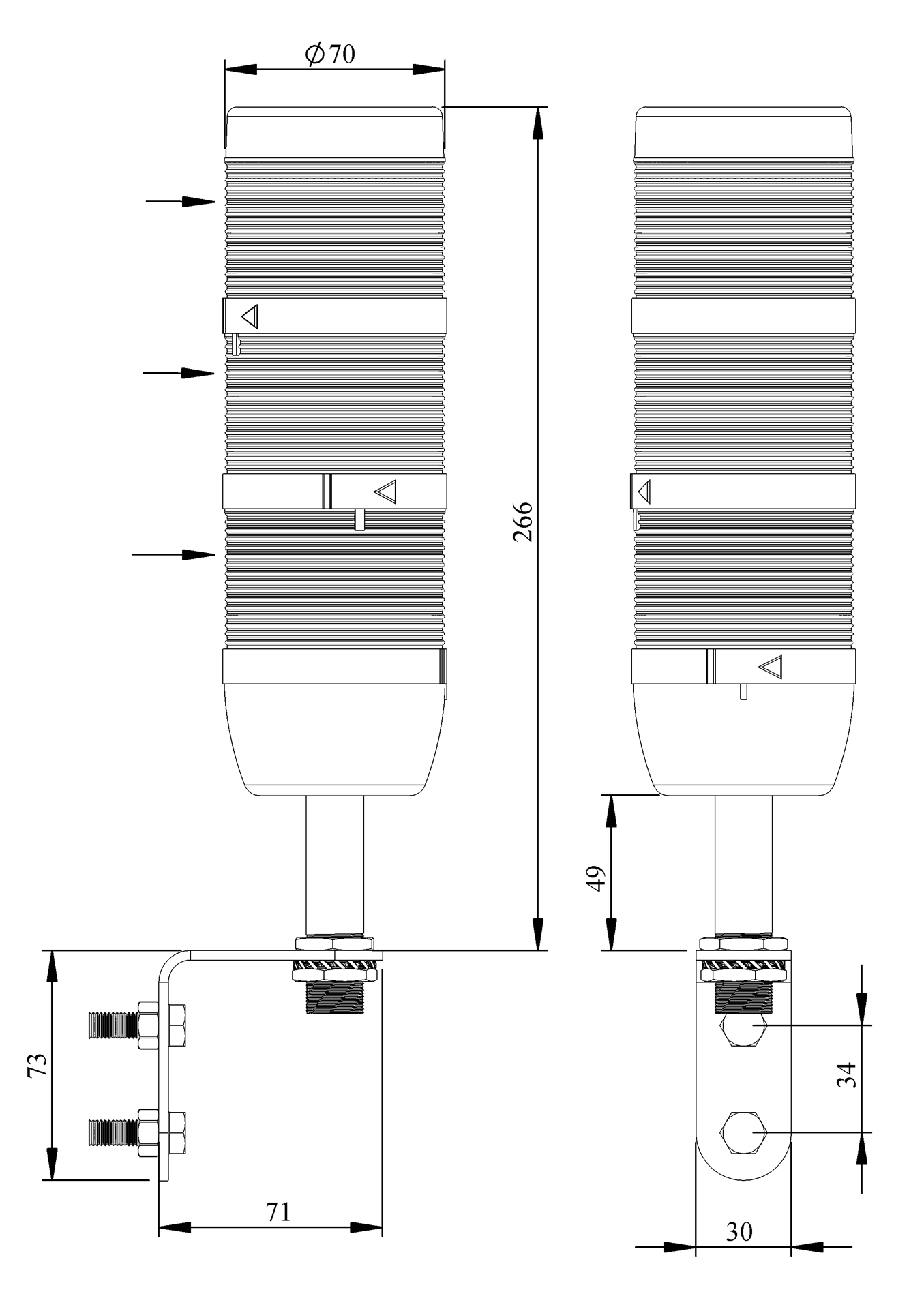 Светосигнальная колонна IK-73-L-024RYG-X-D01 д=70мм, 3уровня, LED светодиод, 024V AC/DC, красный, желтый, зеленый, настенное крепление