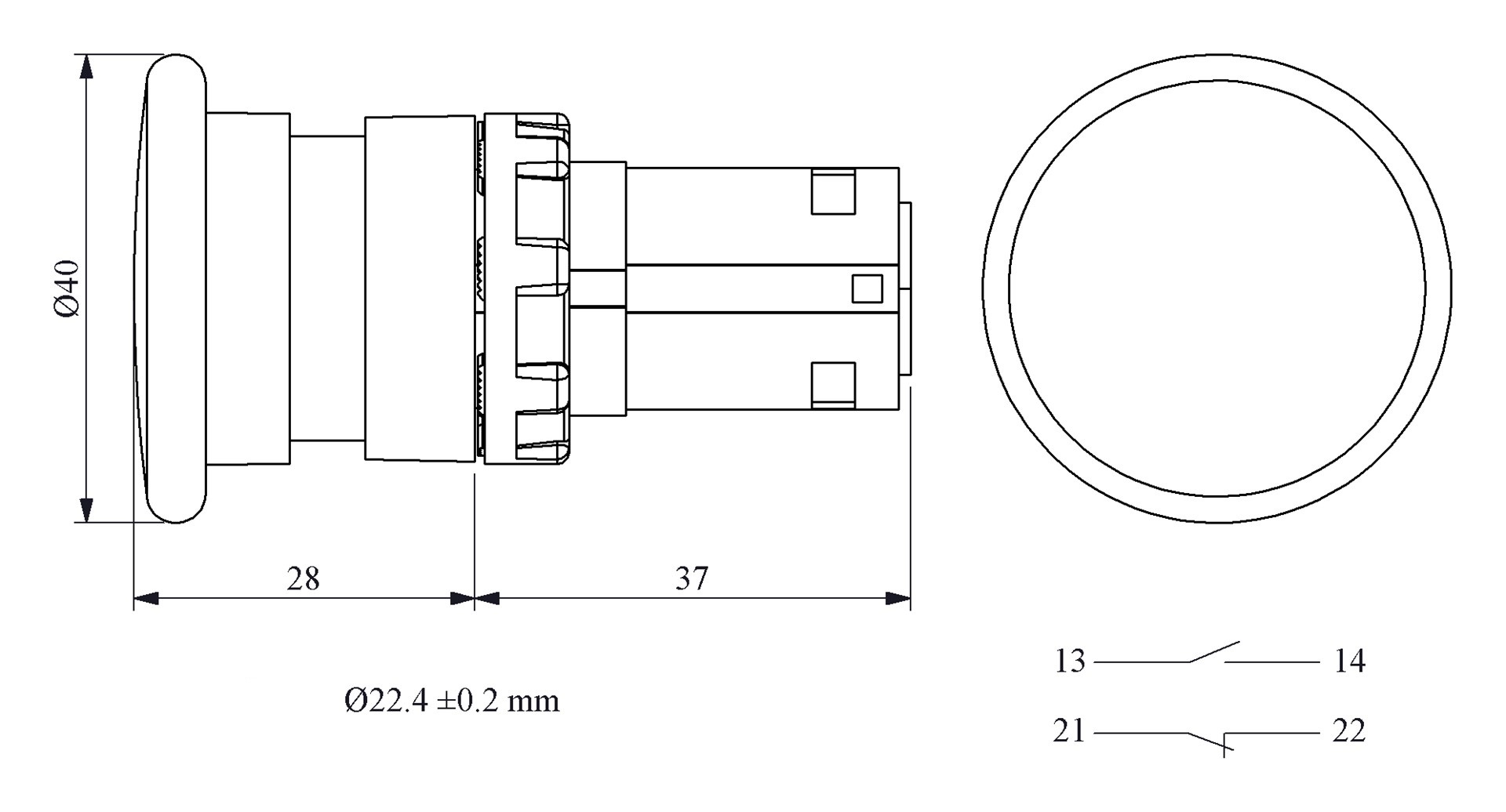B-M40-R-(BA-B1-B2)-IP50 Кнопка пластиковая "Грибок" д40 красная без фиксации 1НО+1НЗ