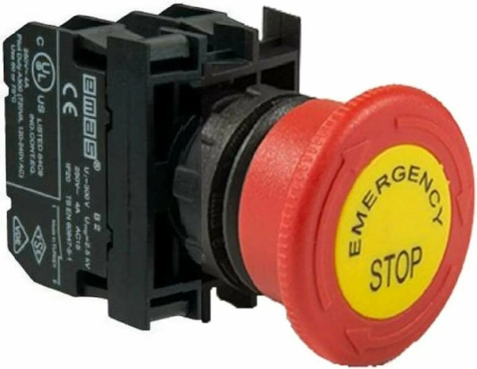 B-E40R-R-(BA-B1-B2)-IP50 Кнопка аварийная пластиковая "Грибок" красная д40 включение вращением 1НО+1НЗ с маркировкой