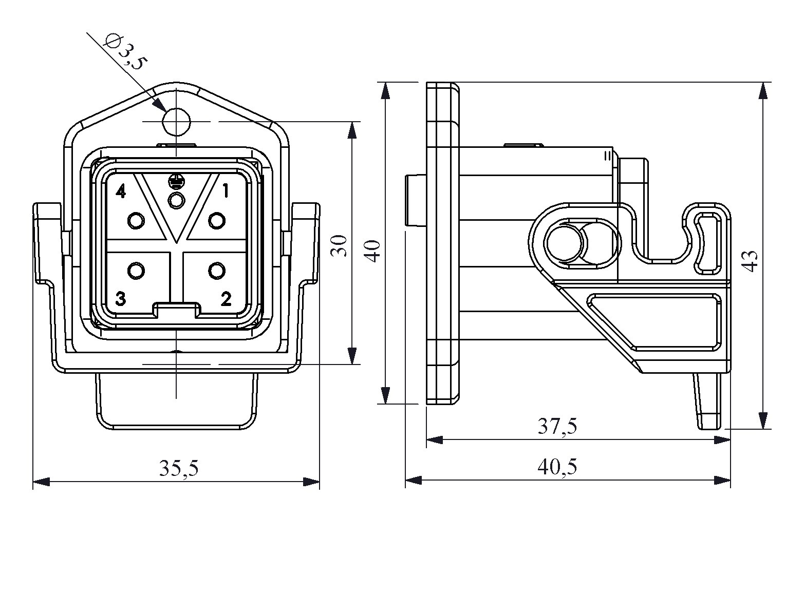 EB-P- 05-FM-41-IP65 Силовой разъем (папа) стационарная встраиваемая пластик 5 выводов 10А нижний ввод