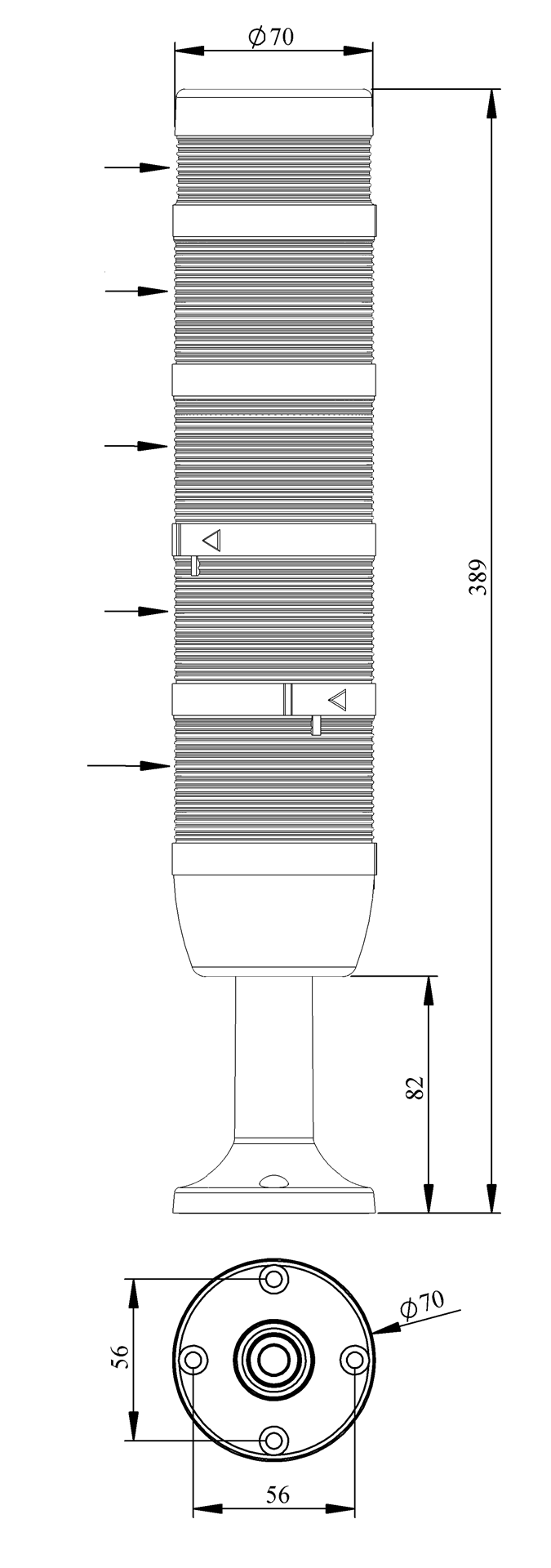 Светосигнальная колонна IK-74-F-024RYGB-Z-M01 д=70мм, 4уровня, FLASH стробоскоп, 024V AC/DC, красный, желтый, зеленый, синий, зуммер, 100мм пластикова