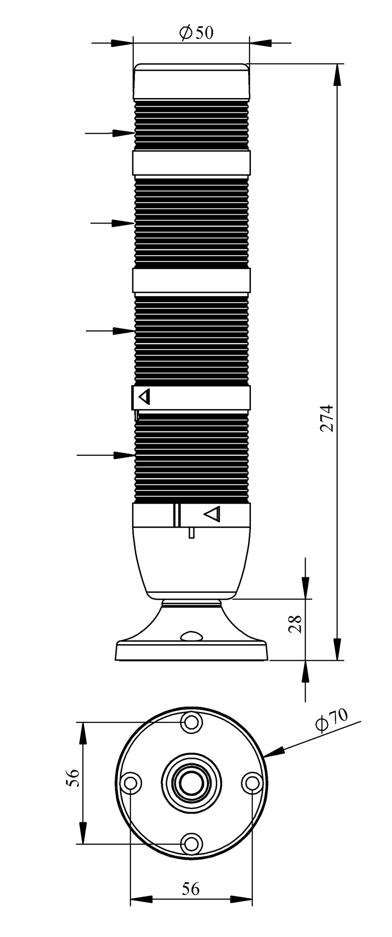 Светосигнальная колонна IK-53-L-024RYG-Z-M02 д=50мм, 3уровня, LED светодиод, 024V AC/DC, красный, желтый, зеленый, зуммер, 20мм алюминиевая база