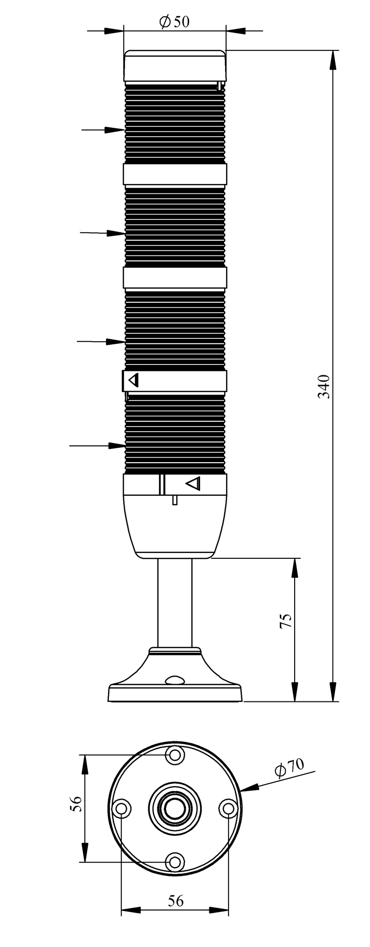 Светосигнальная колонна IK-54-F-024RYGB-X-M03 д=50мм, 4уровня, FLASH стробоскоп, 024V AC/DC, красный, желтый, зеленый, синий, 100мм алюминиевая база