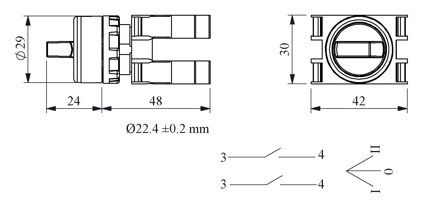 B-SL30-Y-IP50-(BA-B1-B1) Переключатель пластиковый на 3 положения (2-0-1) 60° с фиксацией 2НО желтый