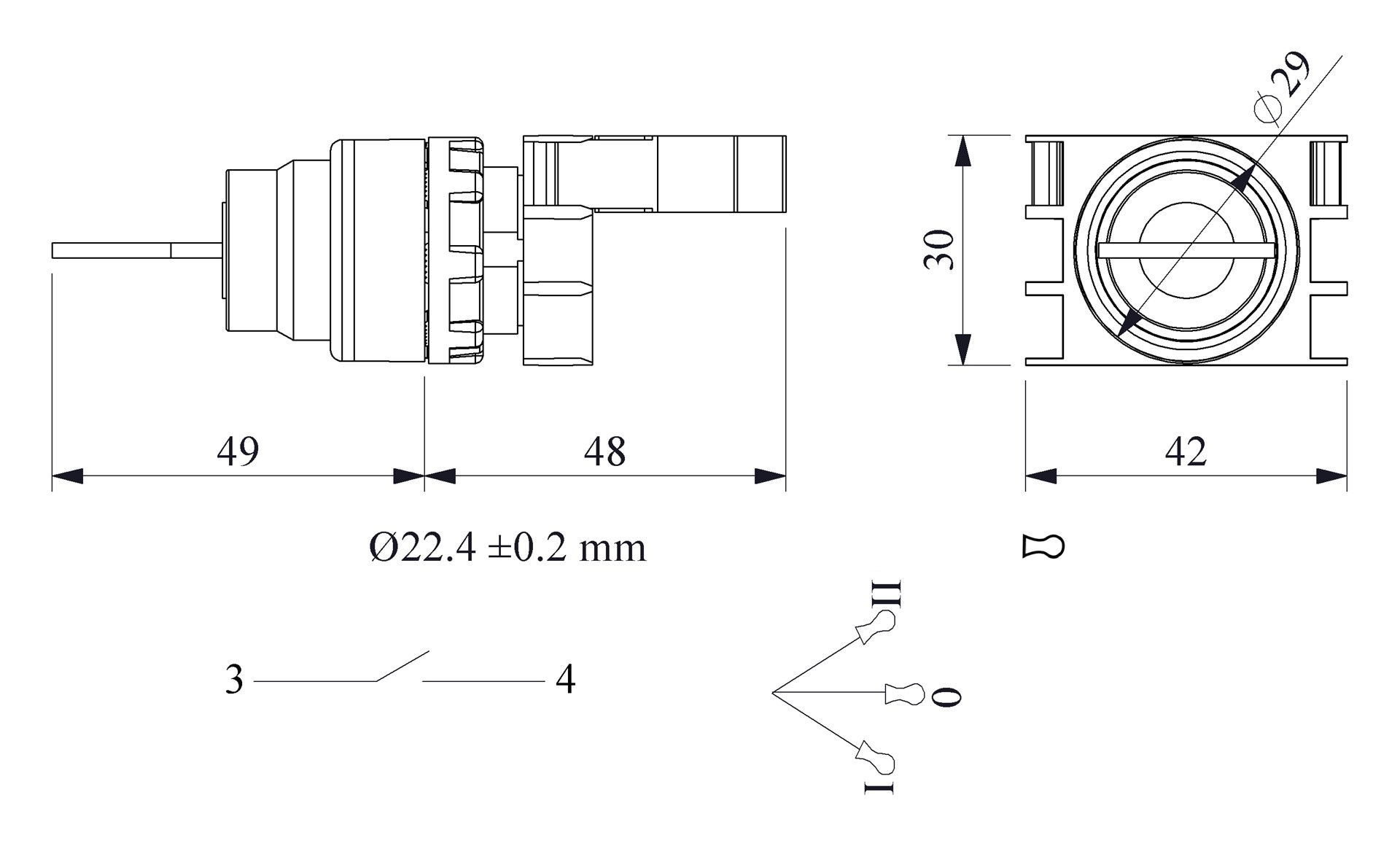B-AС30-(BA-B1)-IP50 Кнопка с ключом (2-0-1) с фиксацией (1НО) ключ вынимается во всех положениях