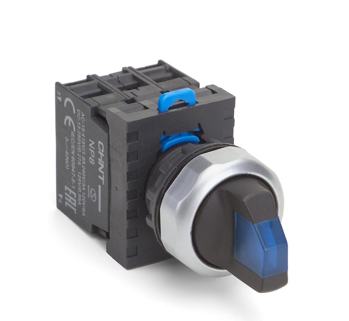 Переключатель с подсв. NP8-11XD/226, 2 полож. с самовозв., 1НО+1НЗ син. AC110В-230В(LED) IP65 (R)