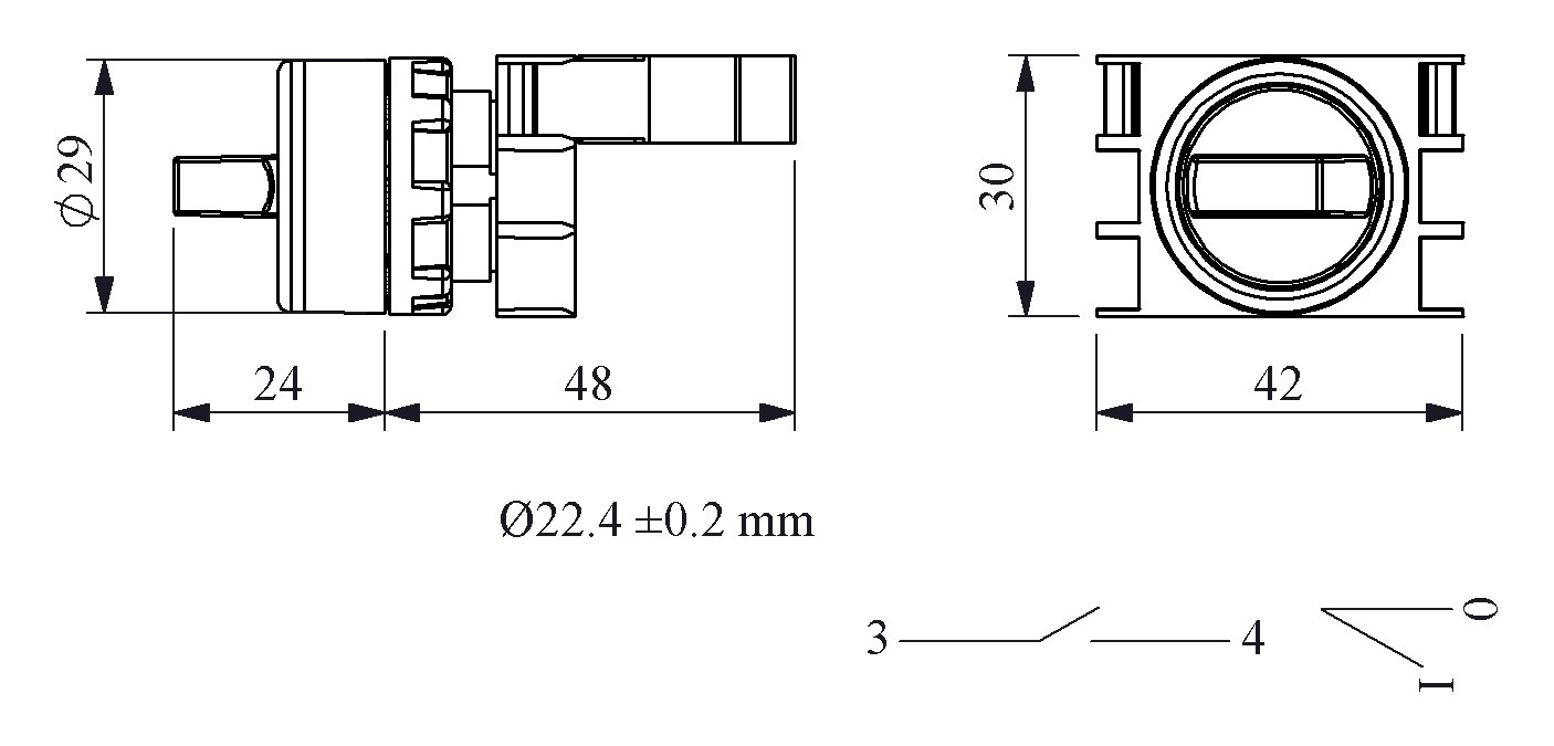 B-SL20-Y-IP50-(BA-B1) Переключатель пластиковый на 2 положения (0-1) 60° с фиксацией 1НО, желтый