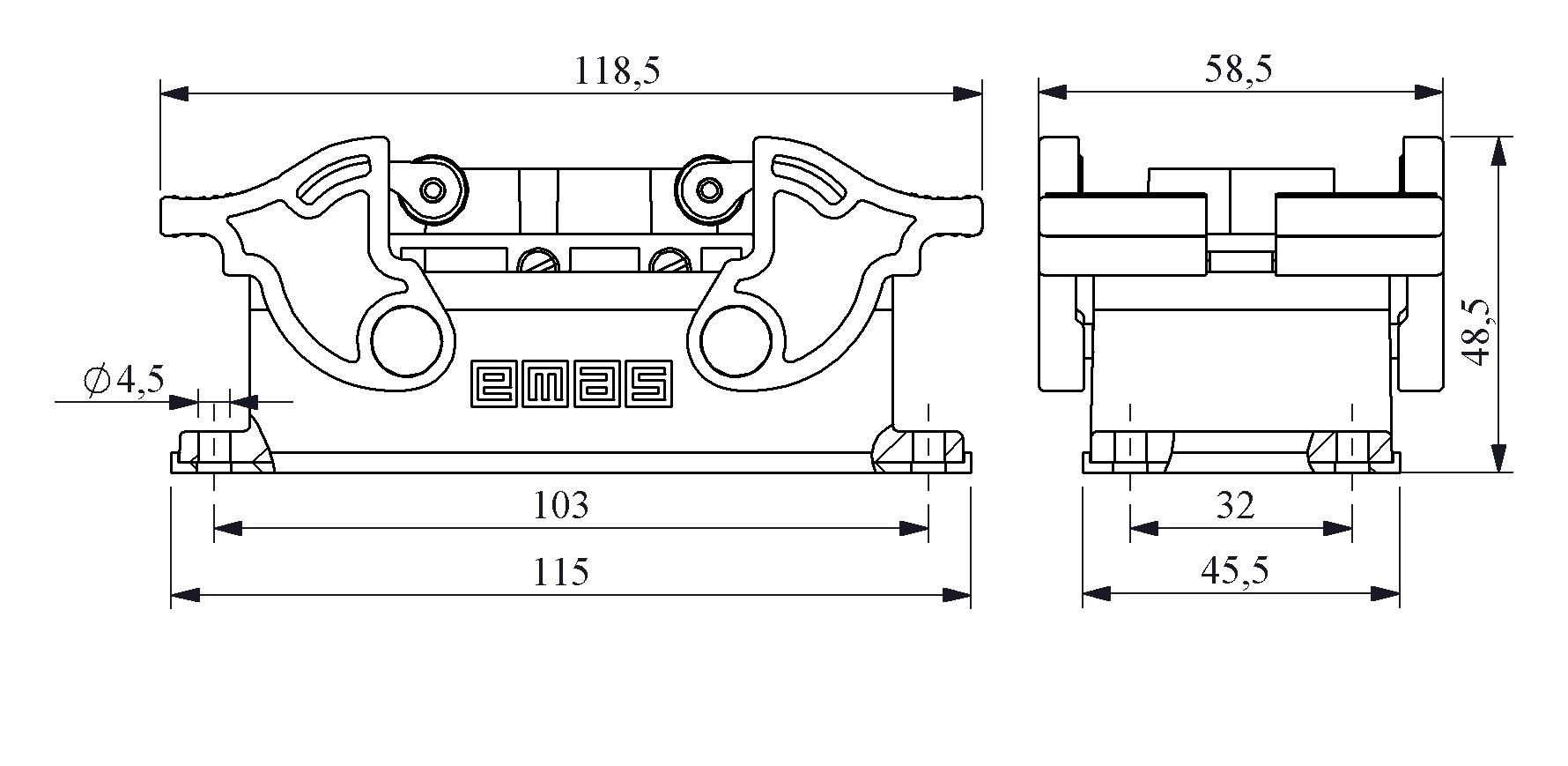 EB-M-806-FM-44-IP65 Вилка низкая, 4-фиксатора, для панели, 6 полюсов, 4*80А+2*16A