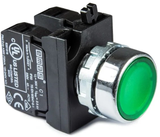CM-D -G-(CA-C1-CB9-C2)-IP65 Кнопка нажимная зеленая металлическая LED 12-30V AC/DC (1НО+1НЗ)