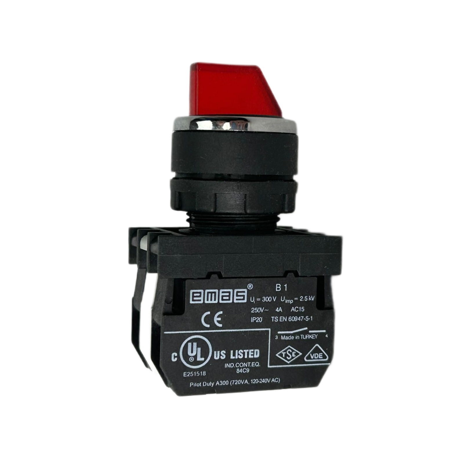 B-SL31-R-IP50-(BA-B1-B3-B1) Переключатель пластиковый на 3 положения (2-0-1) 60° с возвратом из одного положения 2НО, красный с патроном подсветки Ba