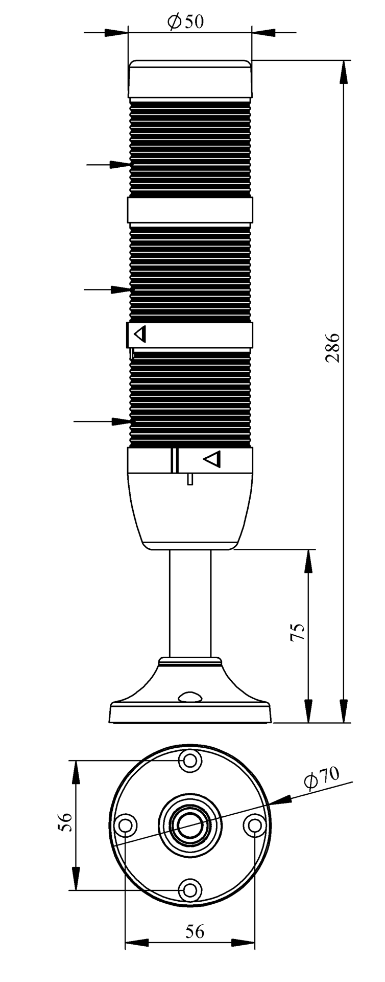 Светосигнальная колонна IK-53-F-024RYG-X-M03 д=50мм, 3уровня, FLASH стробоскоп, 024V AC/DC, красный, желтый, зеленый, 100мм алюминиевая база