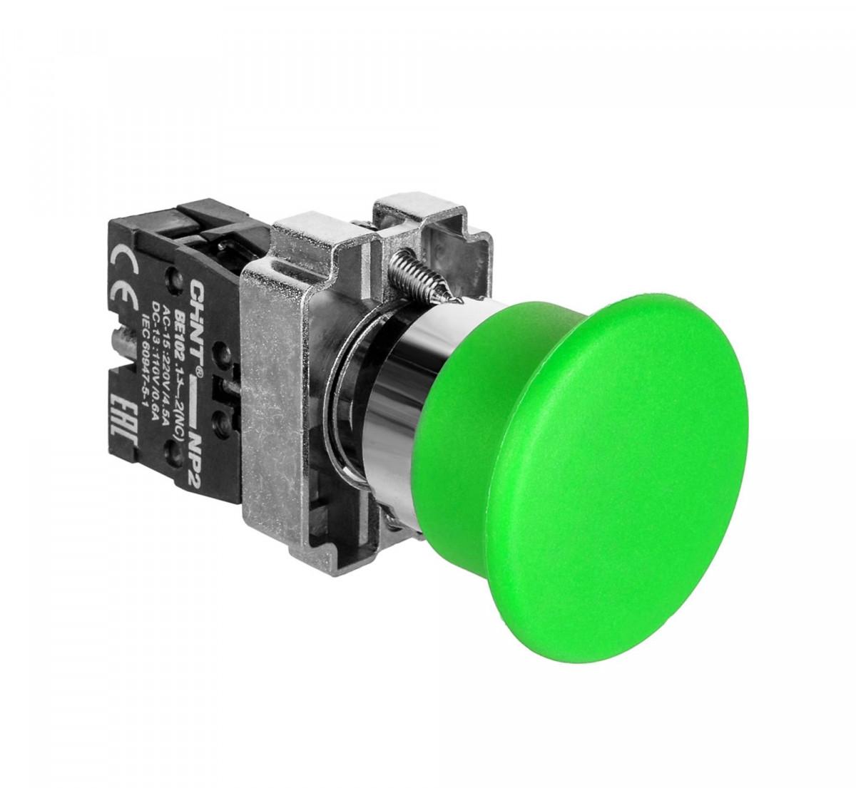 Кнопка управления "Грибок" Φ40мм с самовозвратом NP2-BC32 без подсветки зеленая 1НЗ IP40