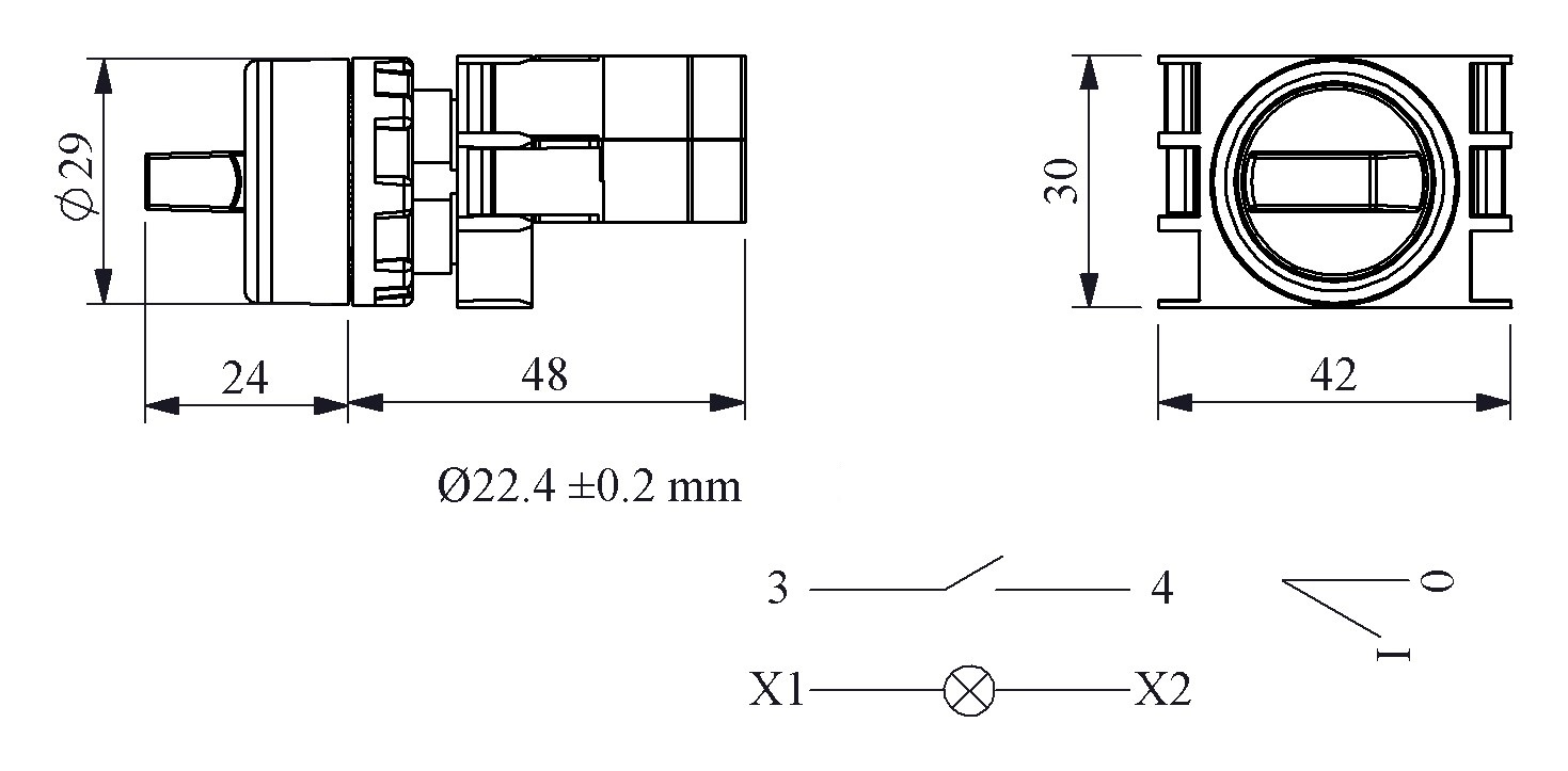 B-SL20-Y-IP50-(BA-B1-B3) Переключатель пластиковый на 2 положения (0-1) 60° с фиксацией 1НО, желтый