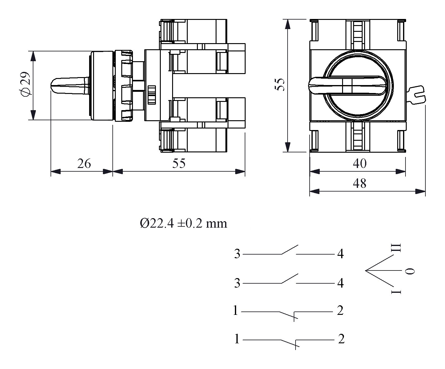 CP-S30-(CA-C1-C1-C2-C2)-IP65 Переключатель пластиковый на 3 положения (2-0-1) 60° с фиксацией2НО+2НЗ