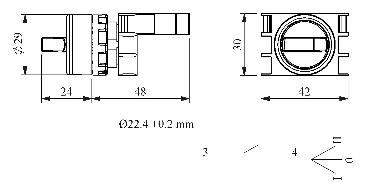 B-SL30-R-IP50-(BA-B1) Переключатель пластиковый на 3 положения (2-0-1) 60° с фиксацией 1НО, красный