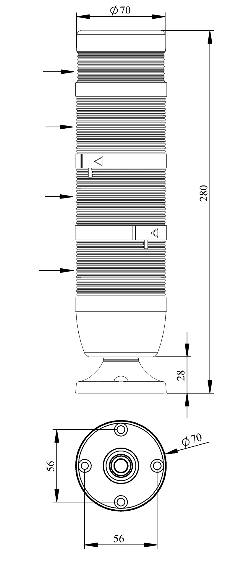 Светосигнальная колонна IK-73-L-024RYG-Z-M02 д=70мм, 3уровня, LED светодиод, 024V AC/DC, красный, желтый, зеленый, зуммер, 20мм алюминиевая база