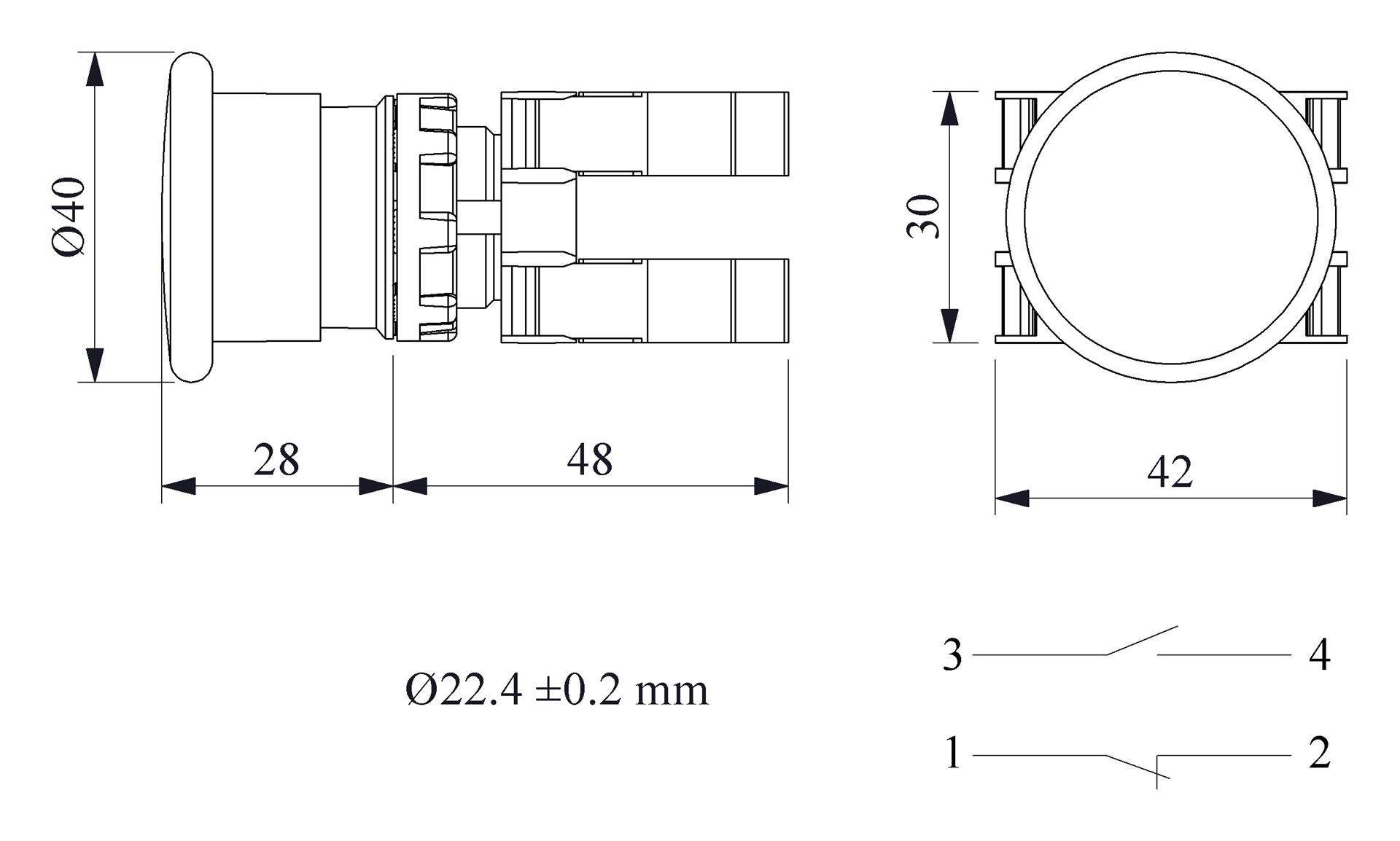 B-M40-B-(BA-B1-B2)-IP50 Кнопка пластиковая "Грибок" д40 черная без фиксации 1НО+1НЗ