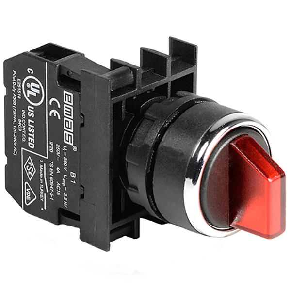 B-SL20-R-IP50-(BA-B1) Переключатель пластиковый на 2 положения (0-1) 60° с фиксацией 1НО, красный