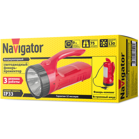 Фонарь Navigator 71 599 NPT-SP17-ACCU Прож/кемп 1Вт+12LED, 130лм, АКБ 0.75Ач
