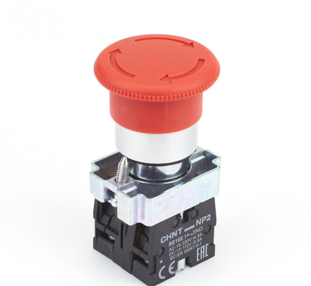Кнопка управления "Грибок" Φ40мм (2) с фиксации NP2-BS545 без подсветки красная 1НЗ+1НО IP40