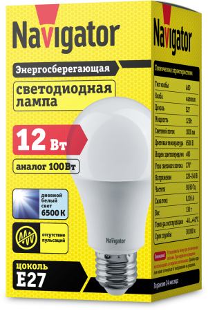 Лампа светодиодная  NLL-A60-12230-6.5K-E27 Navigator 61238 Ввезен из РФ. Код ОКРБ 007-2012: 27.40.15